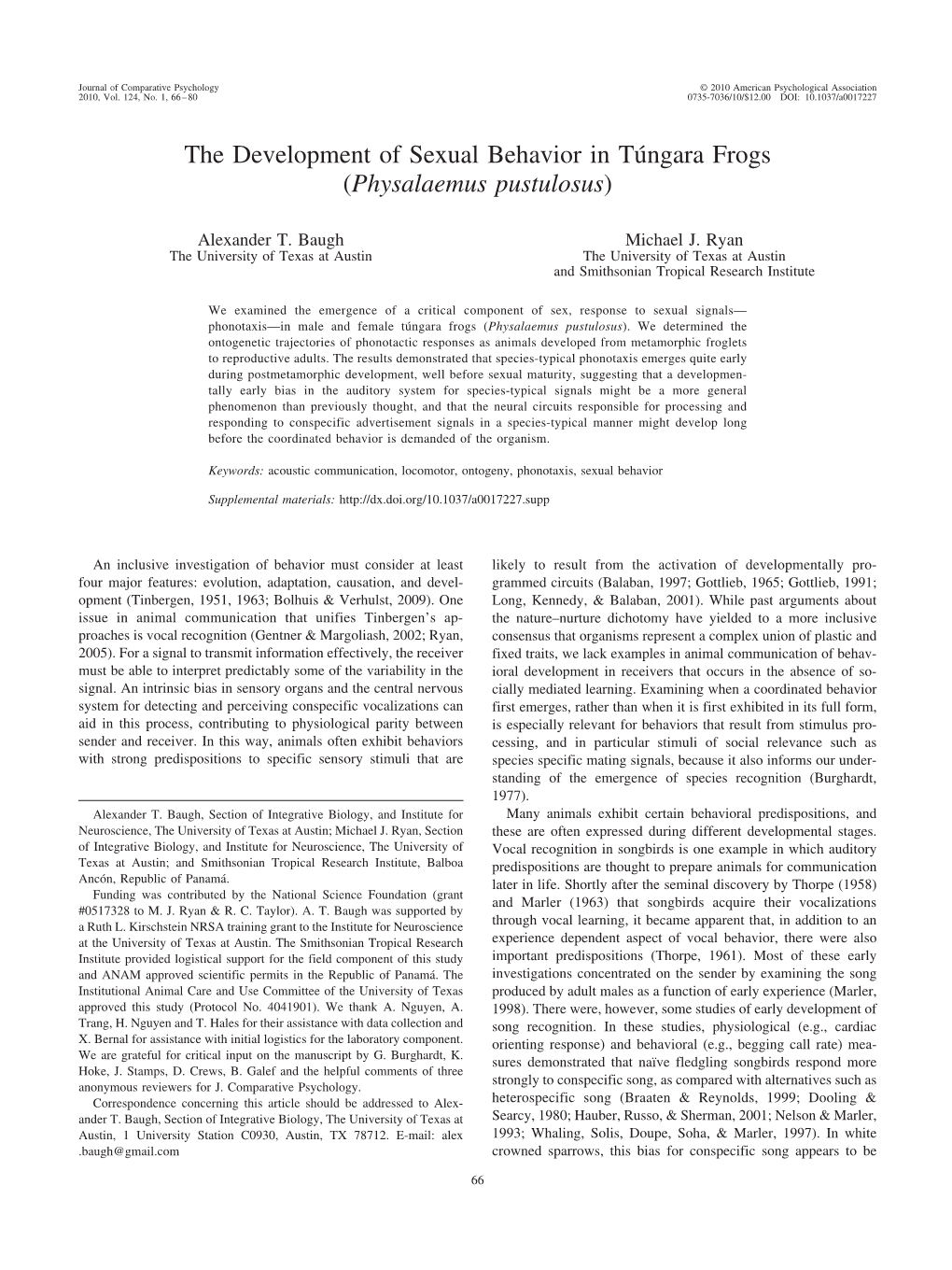 The Development of Sexual Behavior in Tu´Ngara Frogs (Physalaemus Pustulosus)