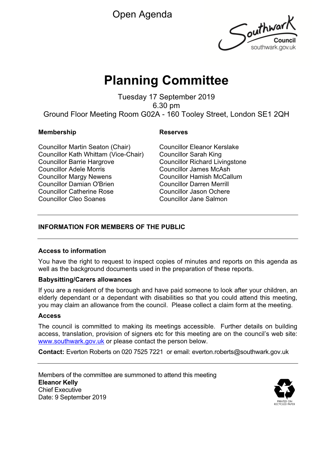 (Public Pack)Agenda Document for Planning Committee, 17/09/2019 18:30