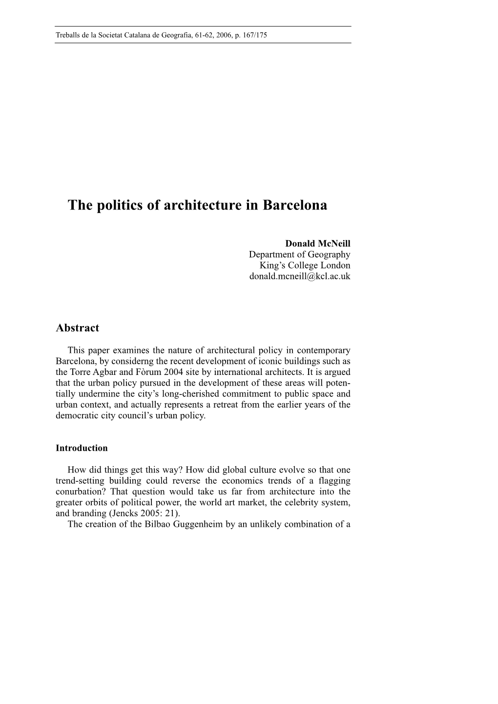The Politics of Architecture in Barcelona