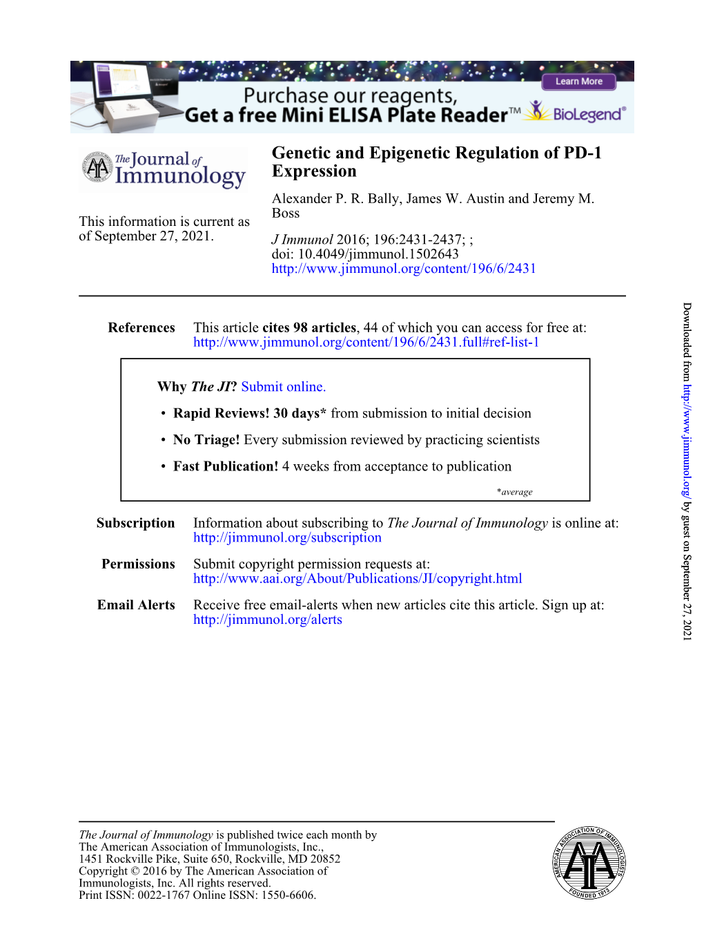 Genetic and Epigenetic Regulation of PD-1 Expression Alexander P