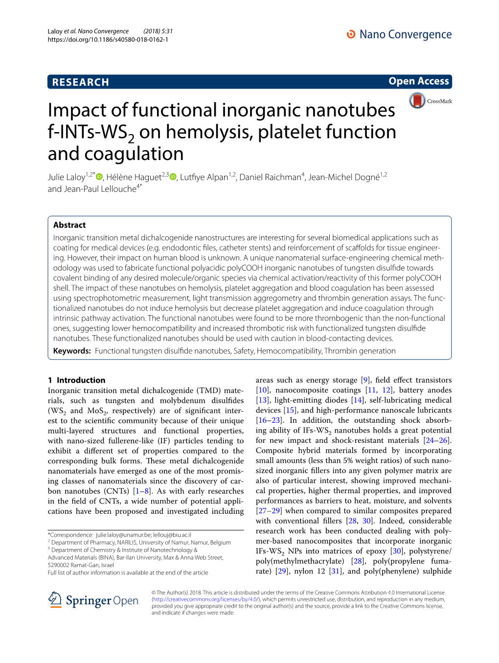 Impact of Functional Inorganic Nanotubes F-Ints-WS2 on Hemolysis, Platelet Function and Coagulation