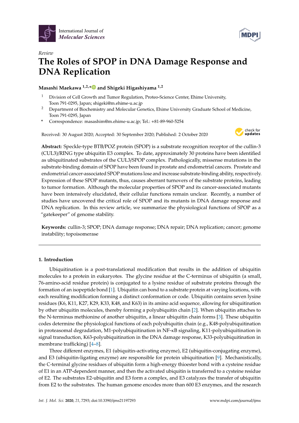 The Roles of SPOP in DNA Damage Response and DNA Replication