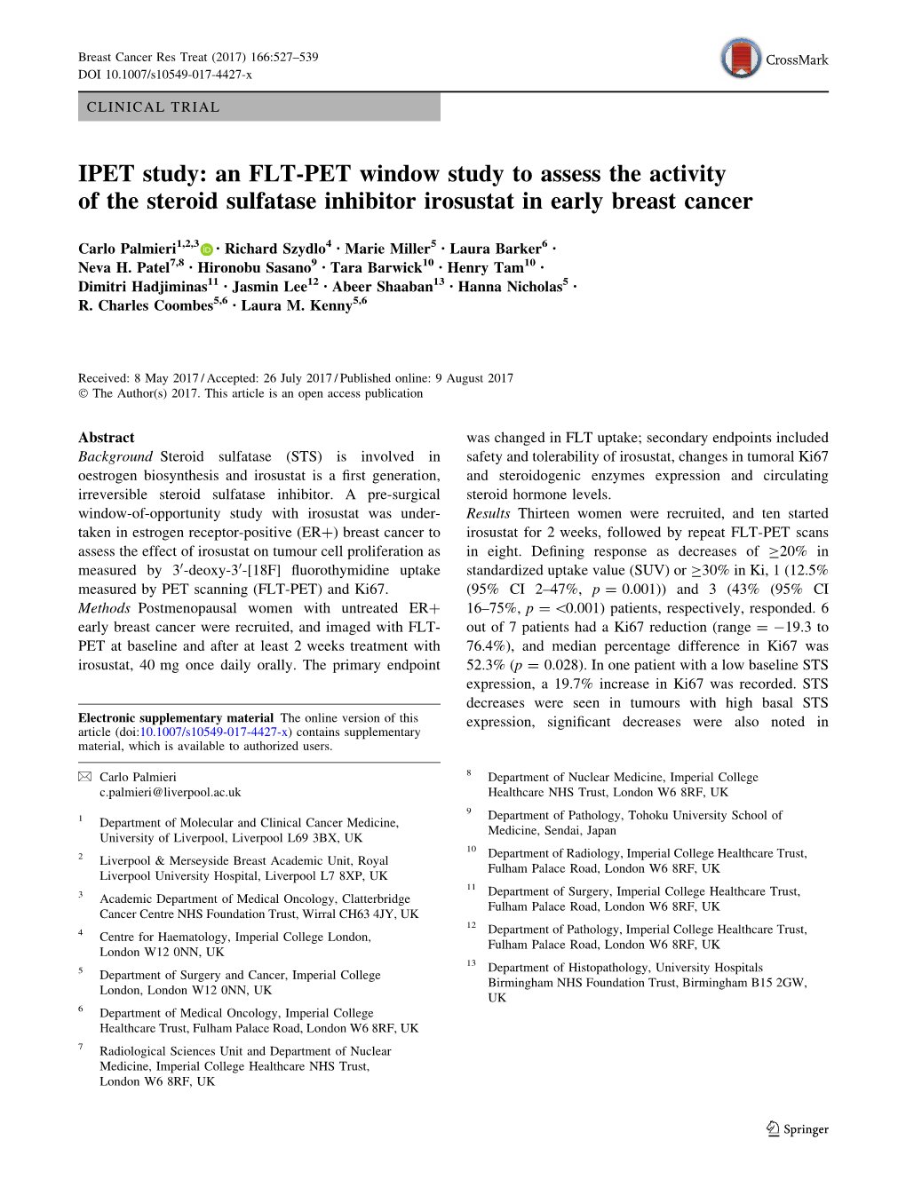 IPET Study: an FLT-PET Window Study to Assess the Activity of the Steroid Sulfatase Inhibitor Irosustat in Early Breast Cancer