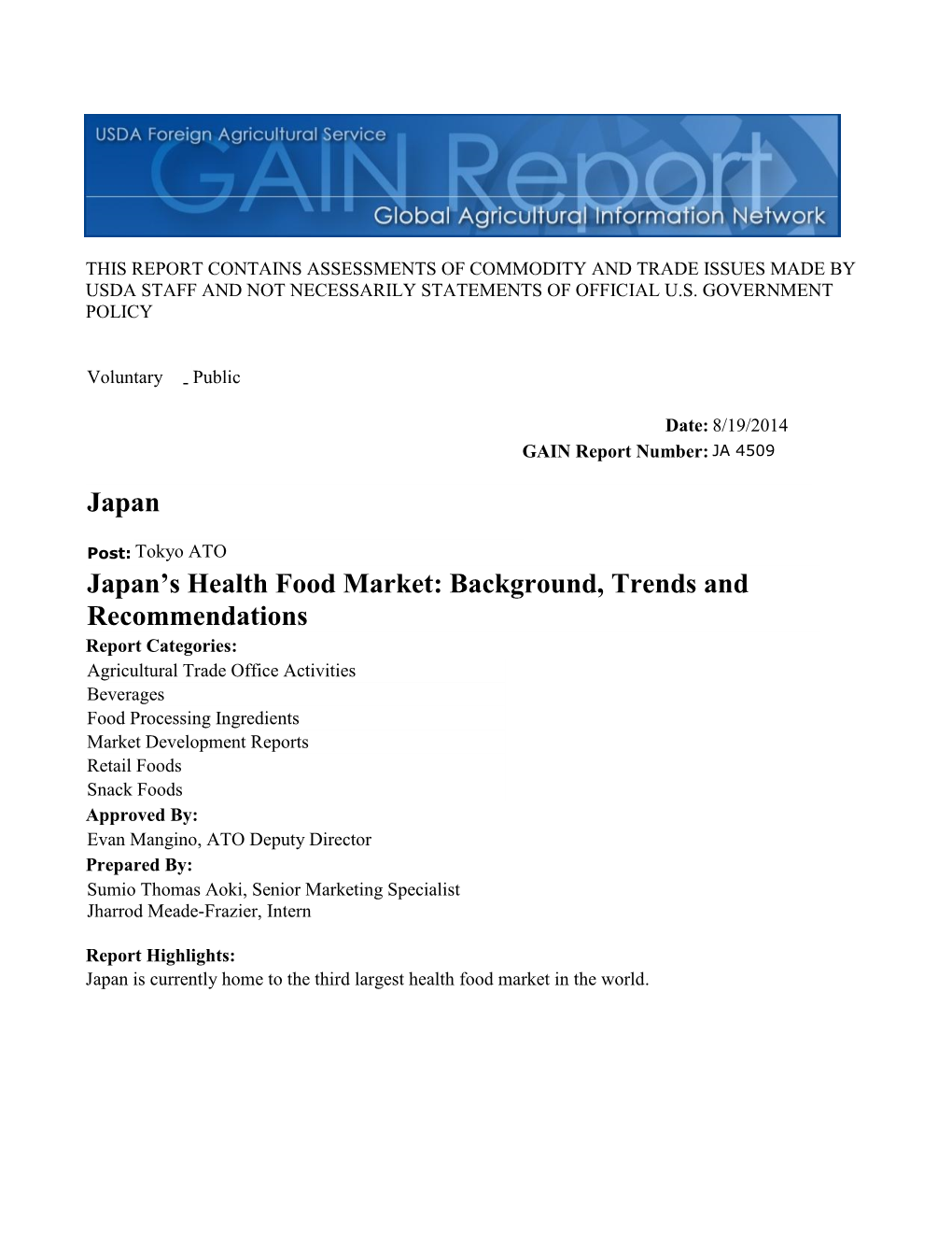 Japan's Health Food Market: Background, Trends