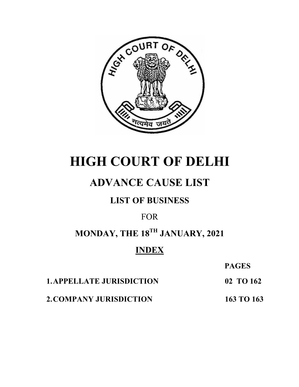 Advance Cause List List of Business for Monday, the 18Th January, 2021 Index Pages