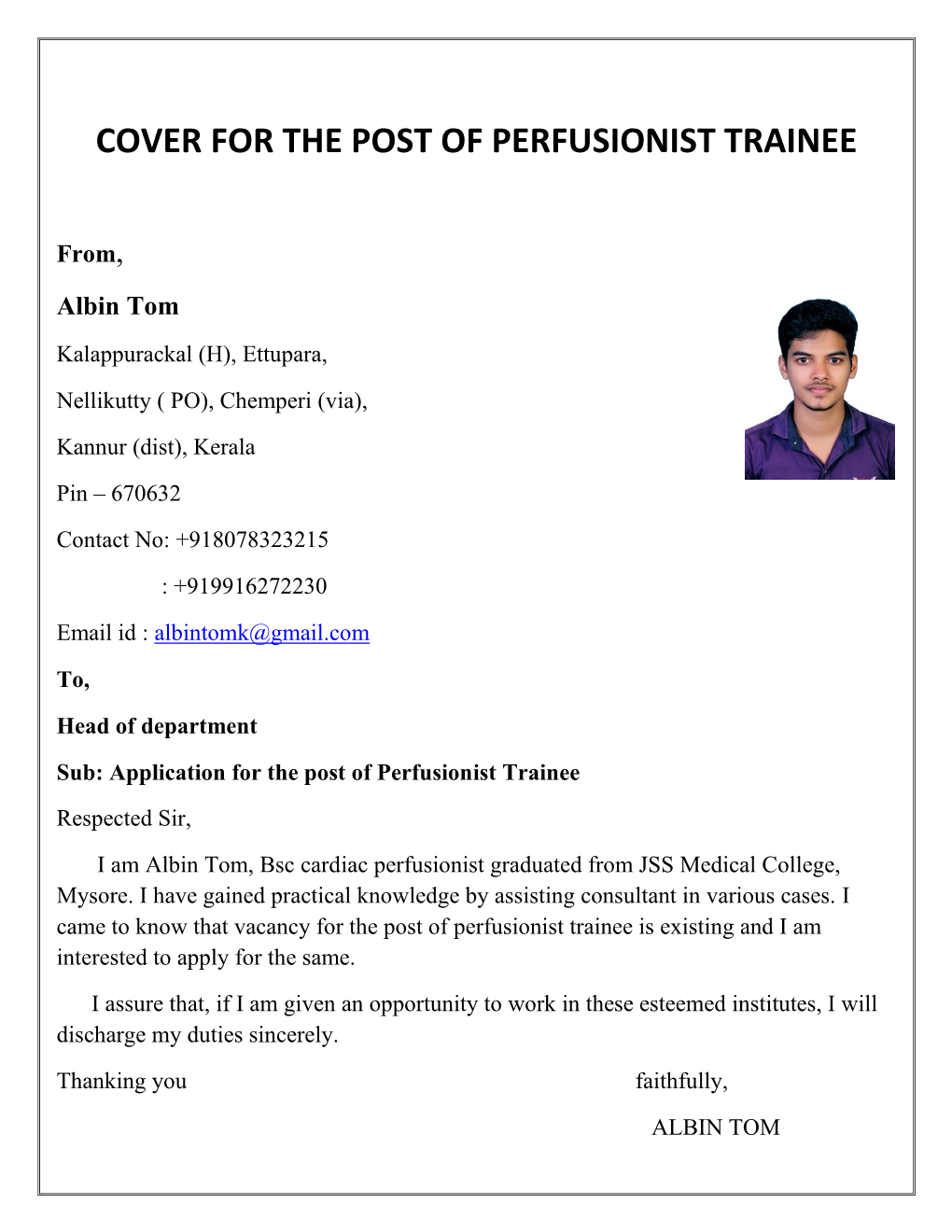 Cover for the Post of Perfusionist Trainee