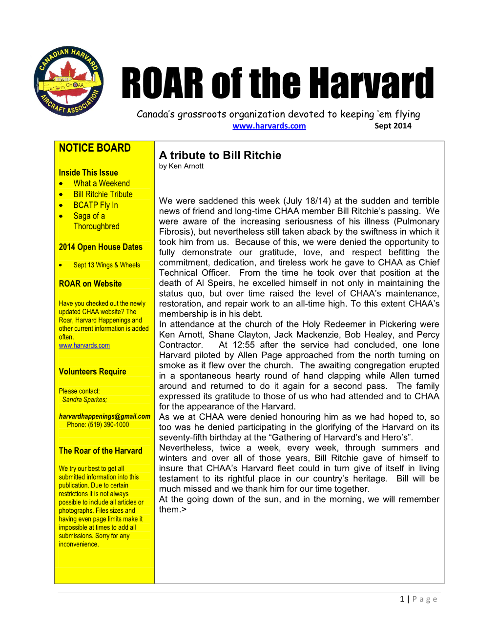 ROAR of the Harvard Canada’S Grassroots Organization Devoted to Keeping ‘Em Flying Sept 2014