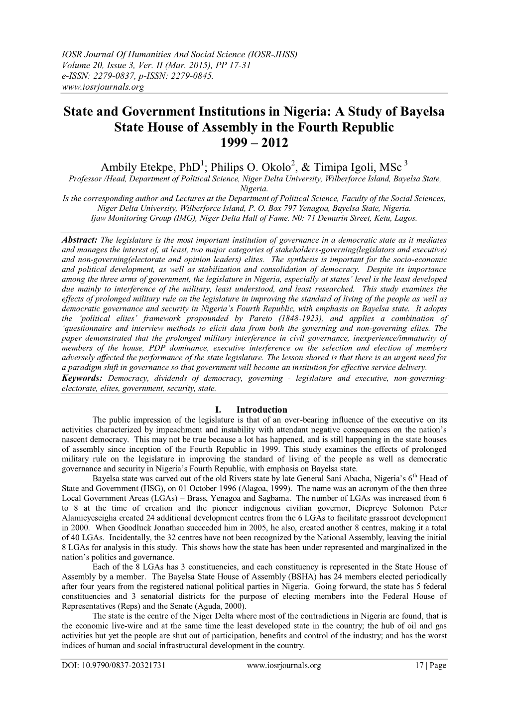 State and Government Institutions in Nigeria: a Study of Bayelsa State House of Assembly in the Fourth Republic 1999 – 2012