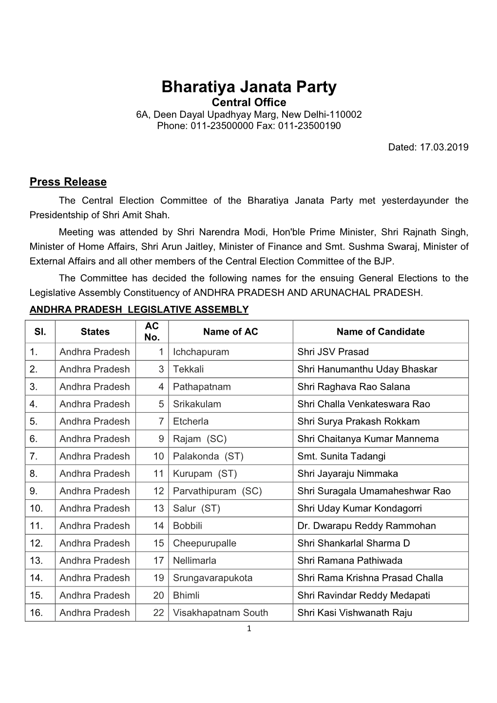 PRESS RELEASE for AP and Arunachal Assembly Election 2019