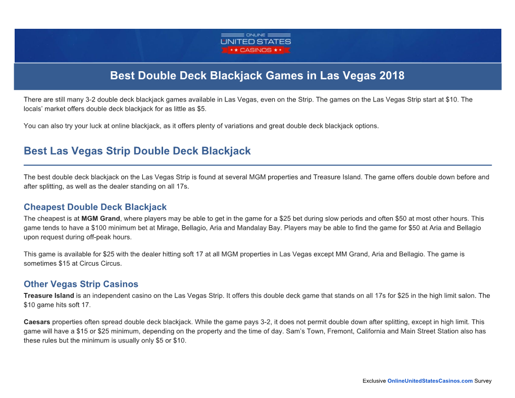 Double Deck Blackjack Games in Las Vegas 2018