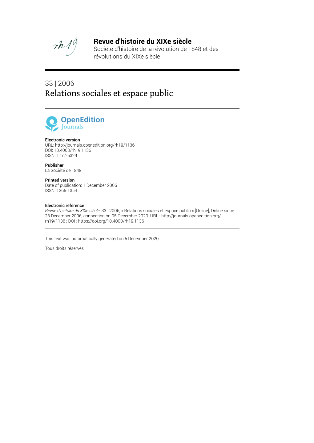 Revue D'histoire Du Xixe Siècle, 33 | 2006, « Relations Sociales Et Espace Public » [Online], Online Since 23 December 2006, Connection on 05 December 2020