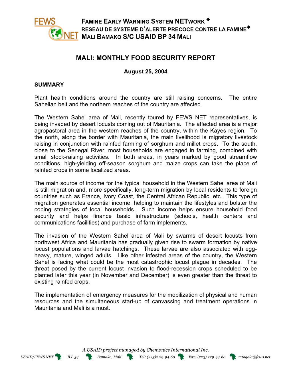 Mali Bamako S/C Usaid Bp 34 M Mali: Monthly Food Security