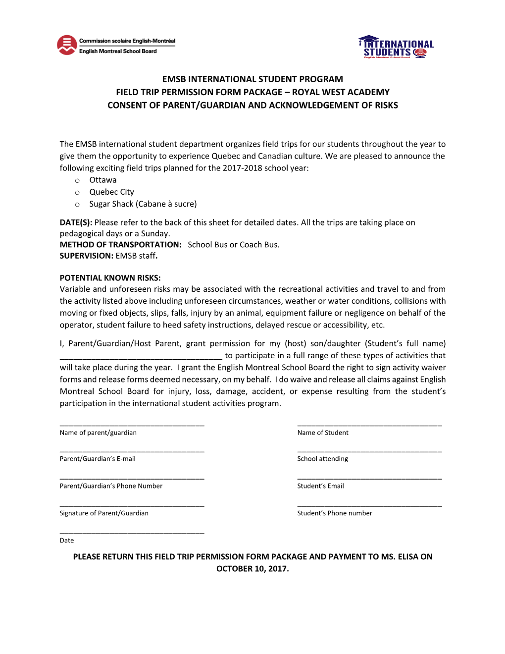Emsb International Student Program Field Trip Permission Form Package – Royal West Academy Consent of Parent/Guardian and Acknowledgement of Risks