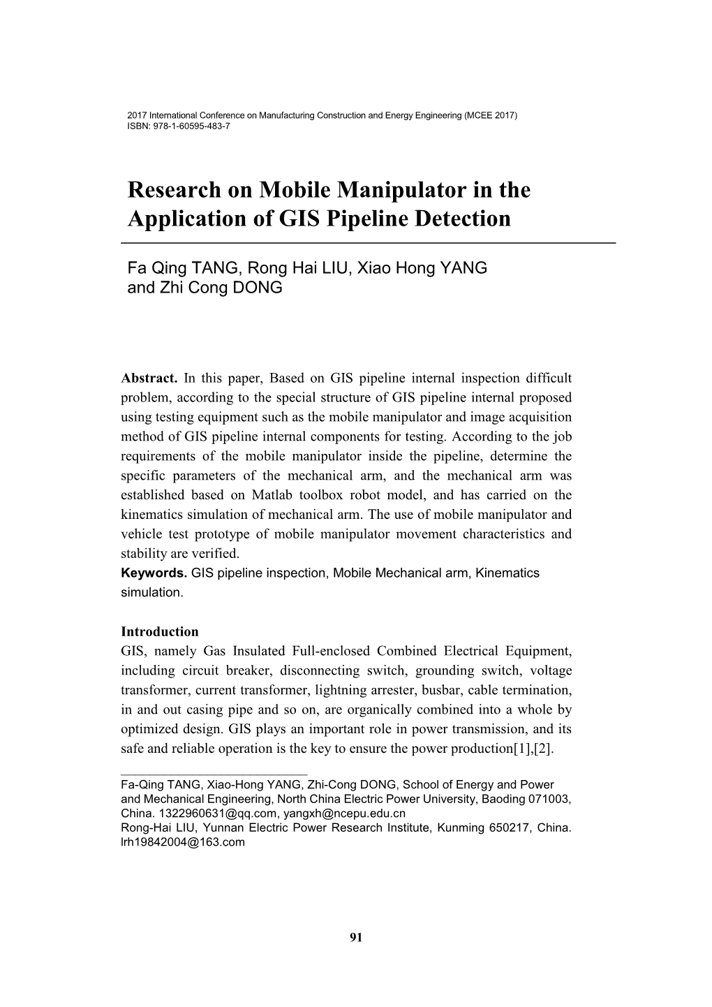 Research on Mobile Manipulator in the Application of GIS Pipeline