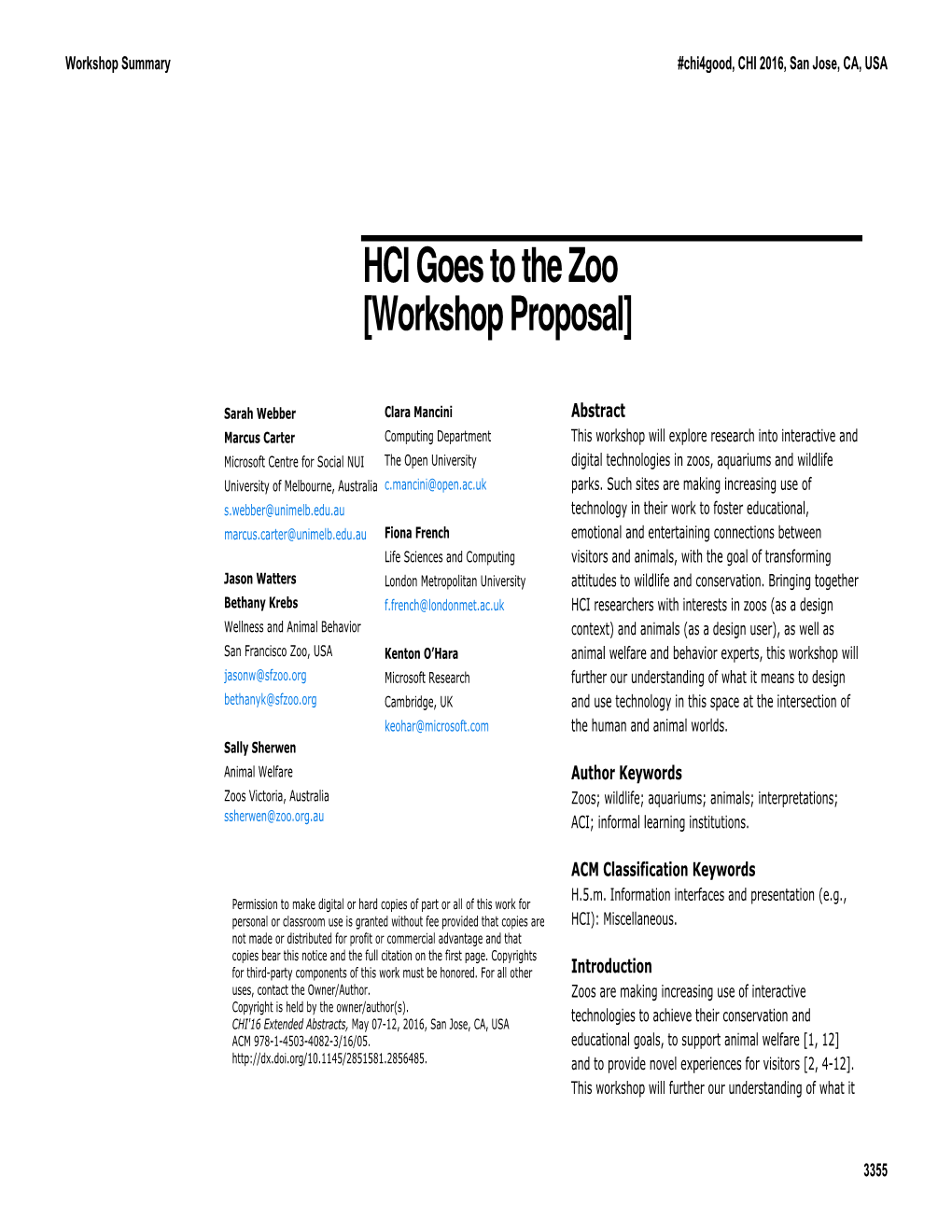 HCI Goes to the Zoo [Workshop Proposal]
