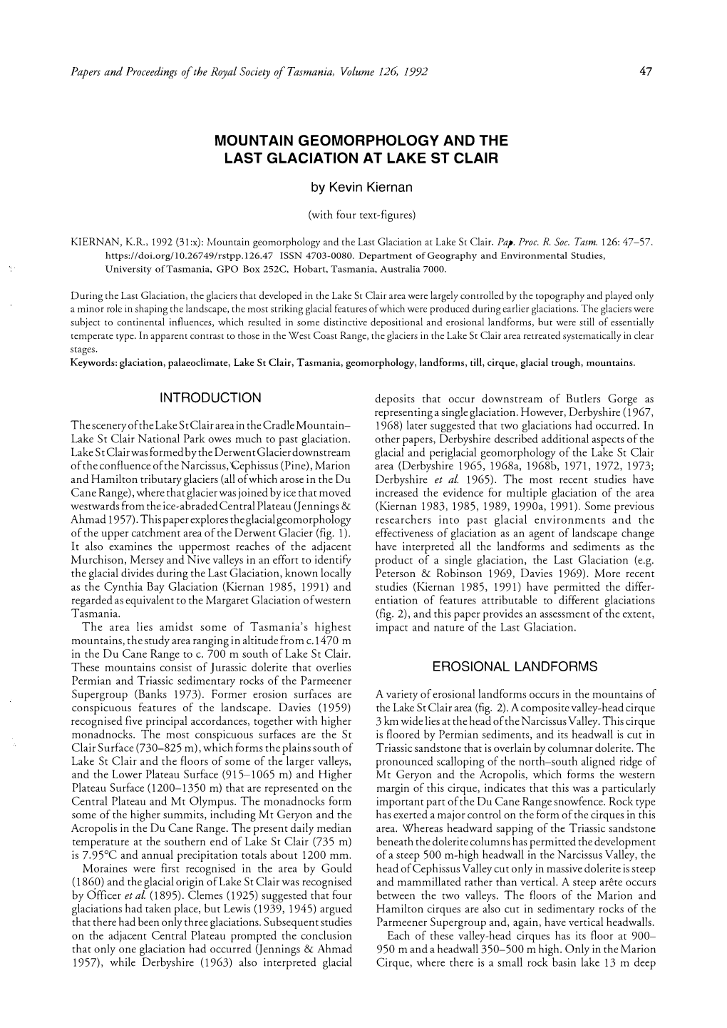 MOUNTAIN GEOMORPHOLOGY and the LAST GLACIATION at LAKE ST CLAIR by Kevin Kiernan