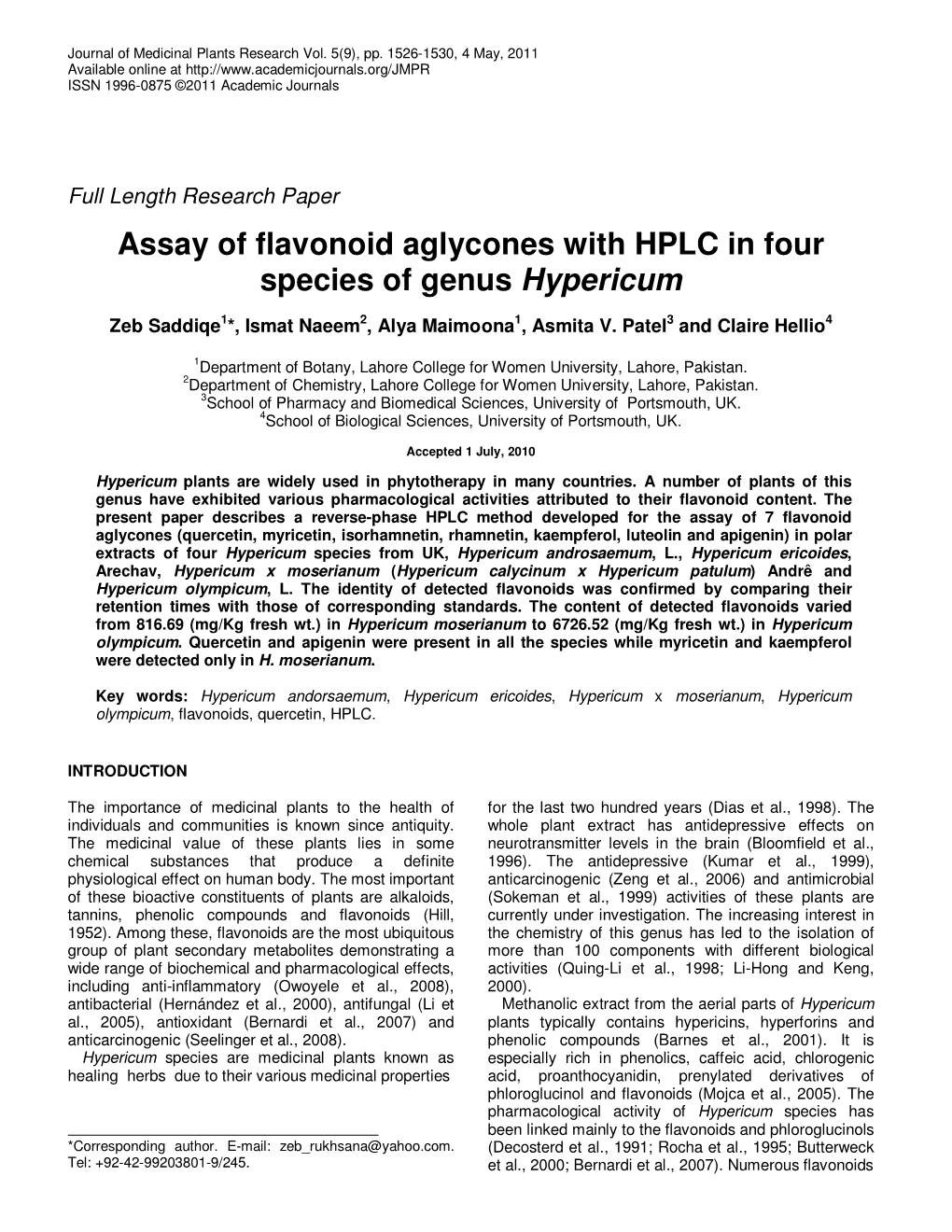 Assay of Flavonoid Aglycones with HPLC in Four Species of Genus Hypericum