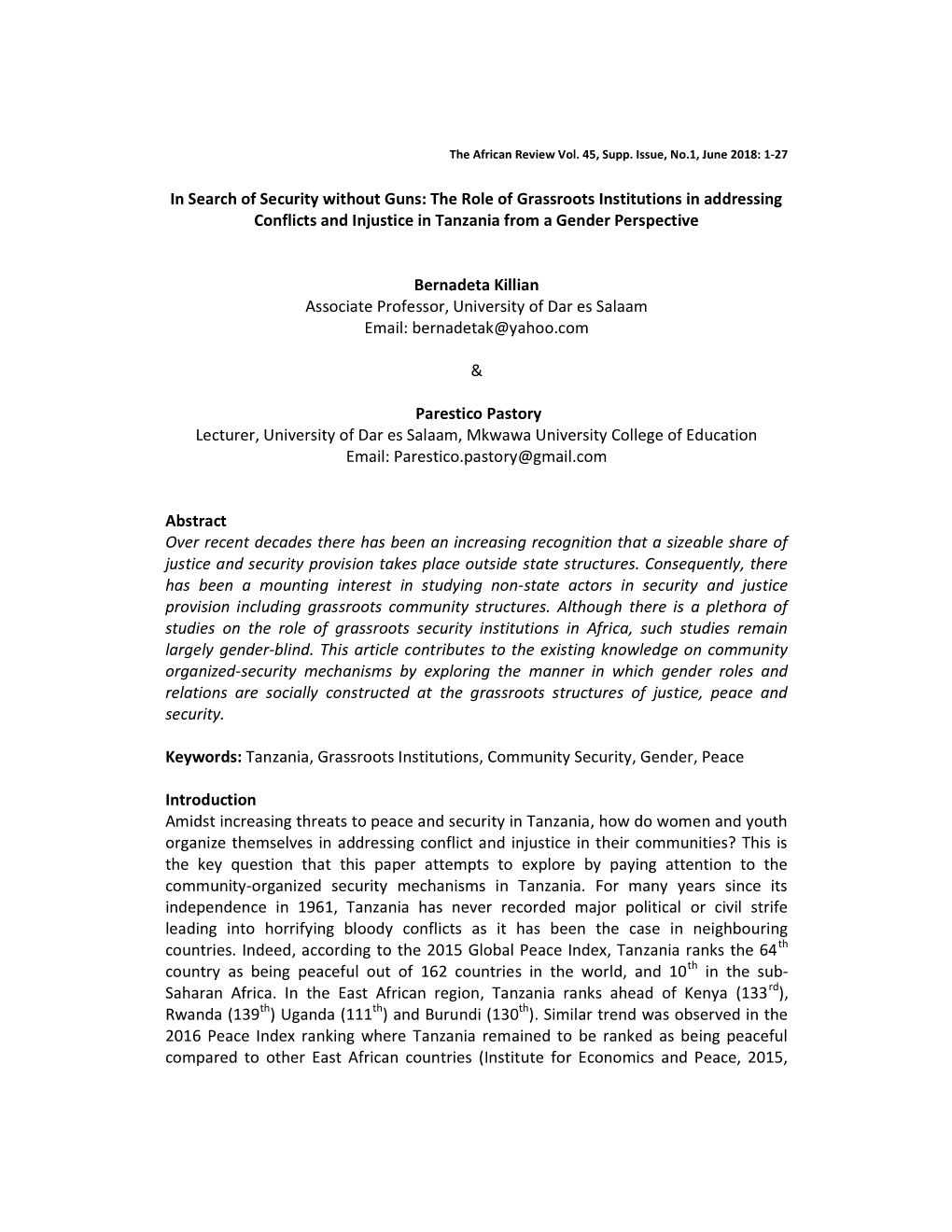 In Search of Security Without Guns: the Role of Grassroots Institutions in Addressing Conflicts and Injustice in Tanzania from a Gender Perspective