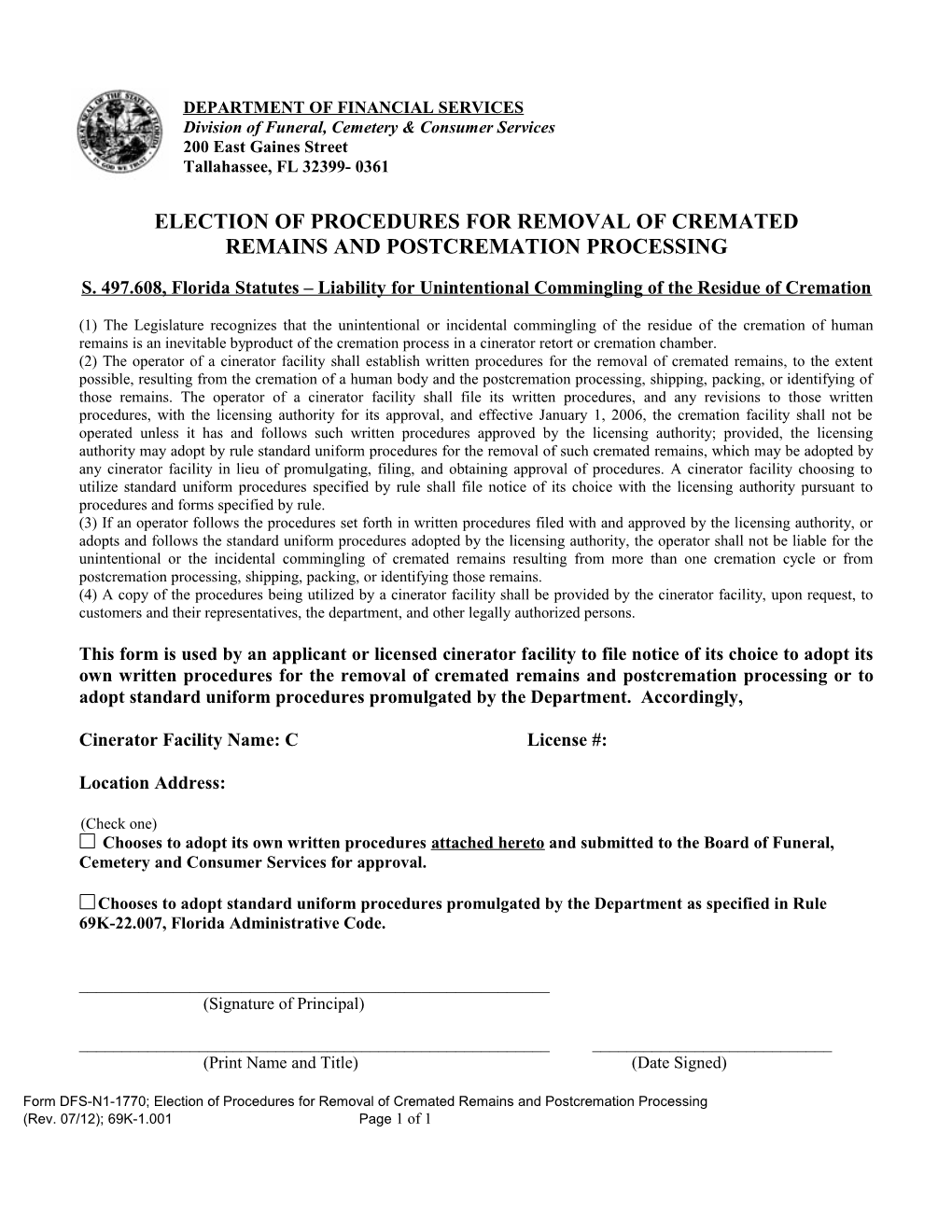 Election of Procedures for Removal of Cremated Remains & Postcremation Processing