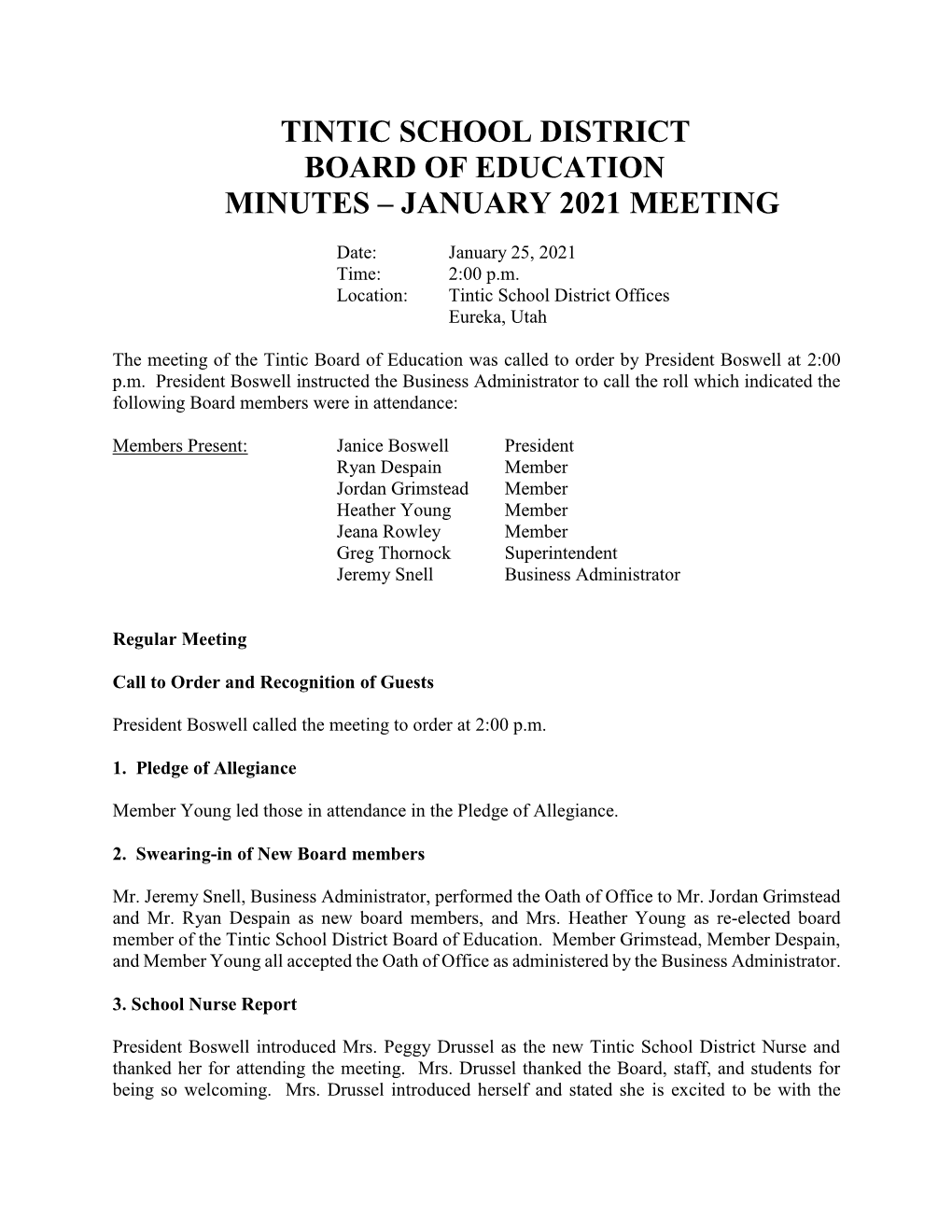Tintic School District Board of Education Minutes – January 2021 Meeting