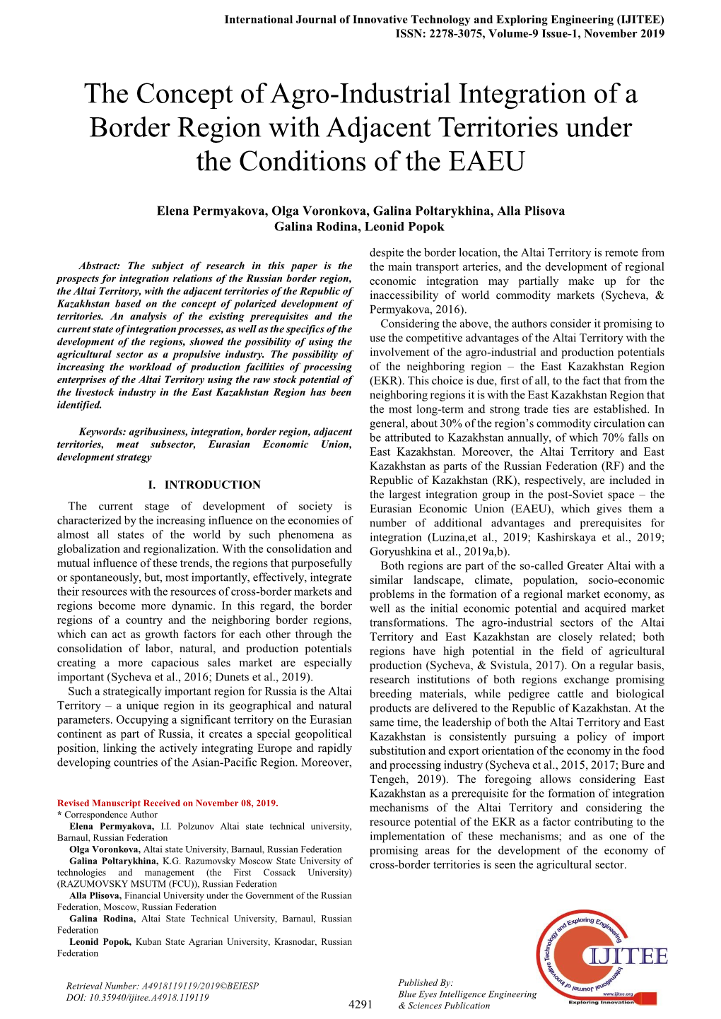 The Concept of Agro-Industrial Integration of a Border Region with Adjacent Territories Under the Conditions of the EAEU