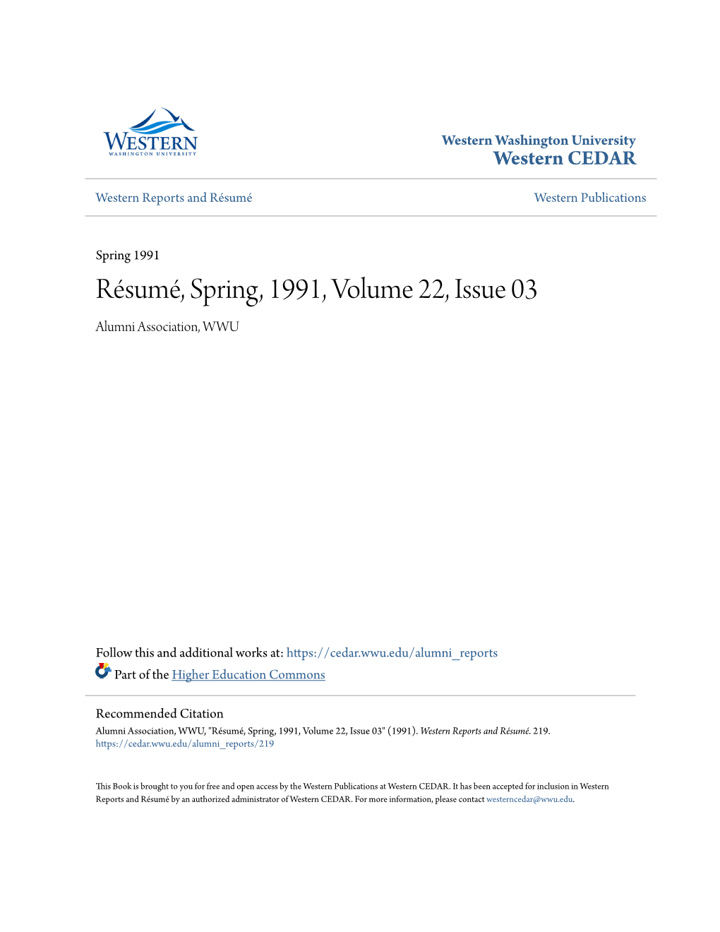 Résumé, Spring, 1991, Volume 22, Issue 03 Alumni Association, WWU