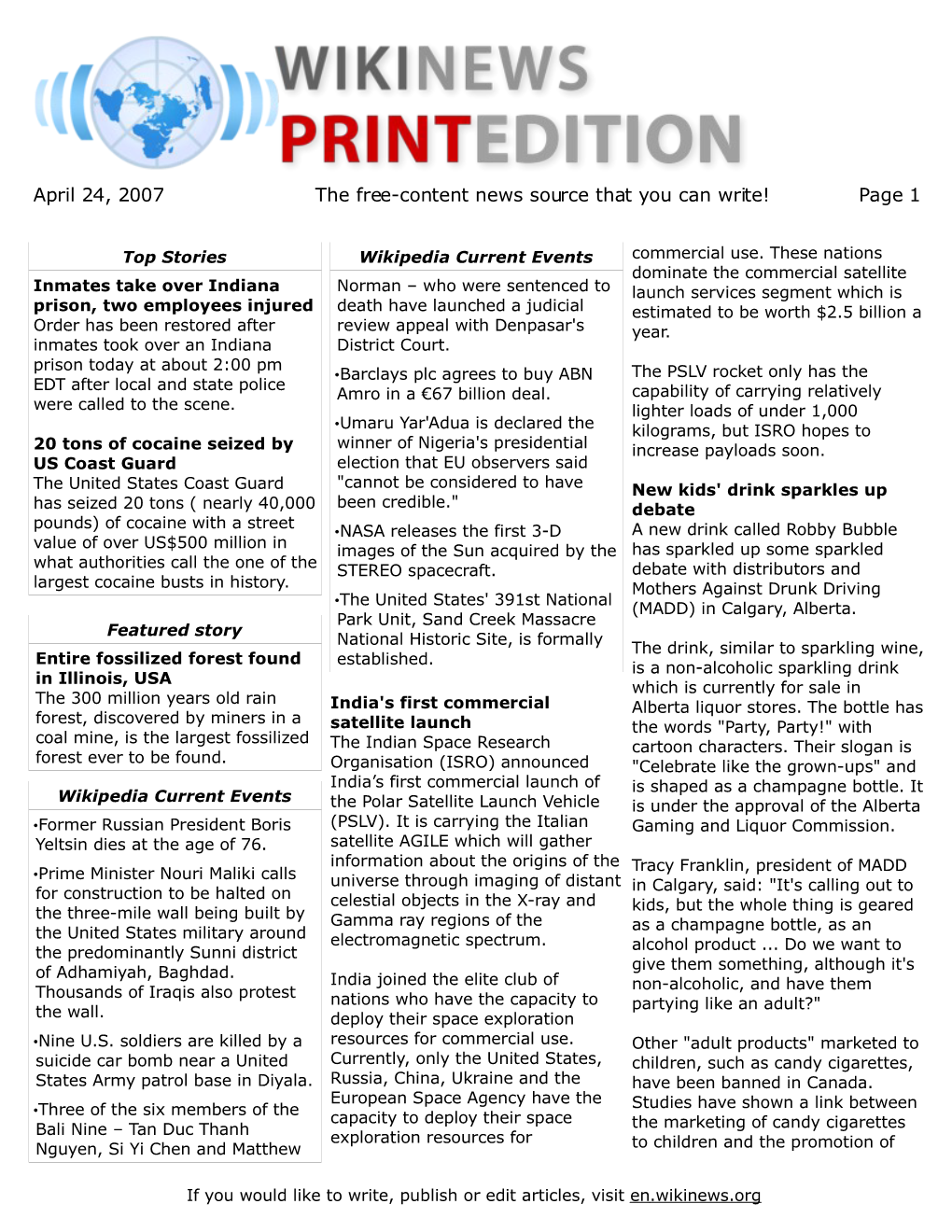 April 24, 2007 the Free-Content News Source That You Can Write! Page 1