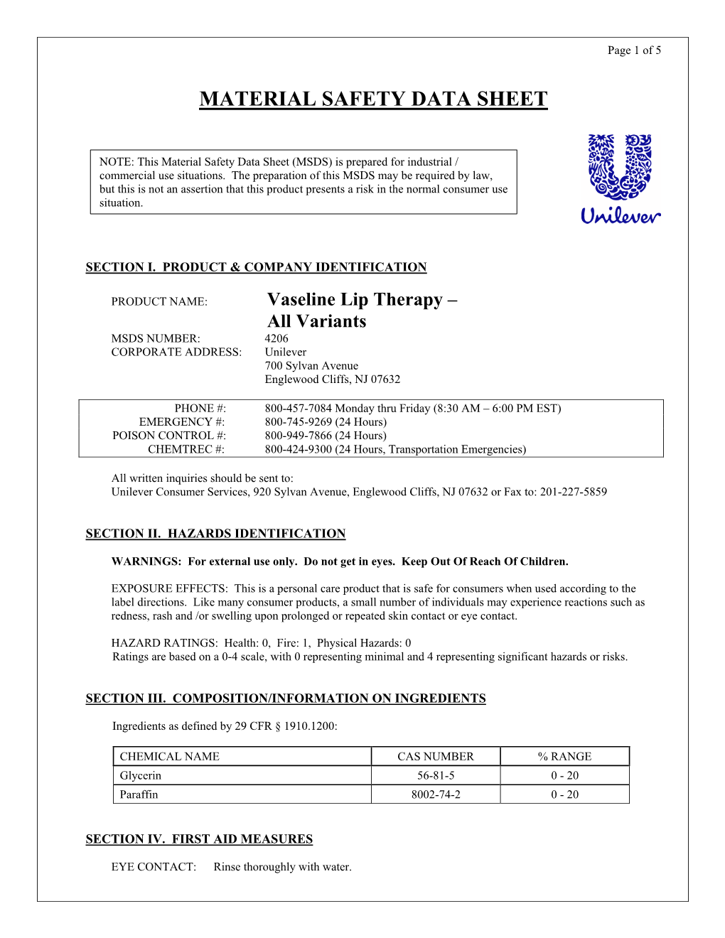 Material Safety Data Sheet