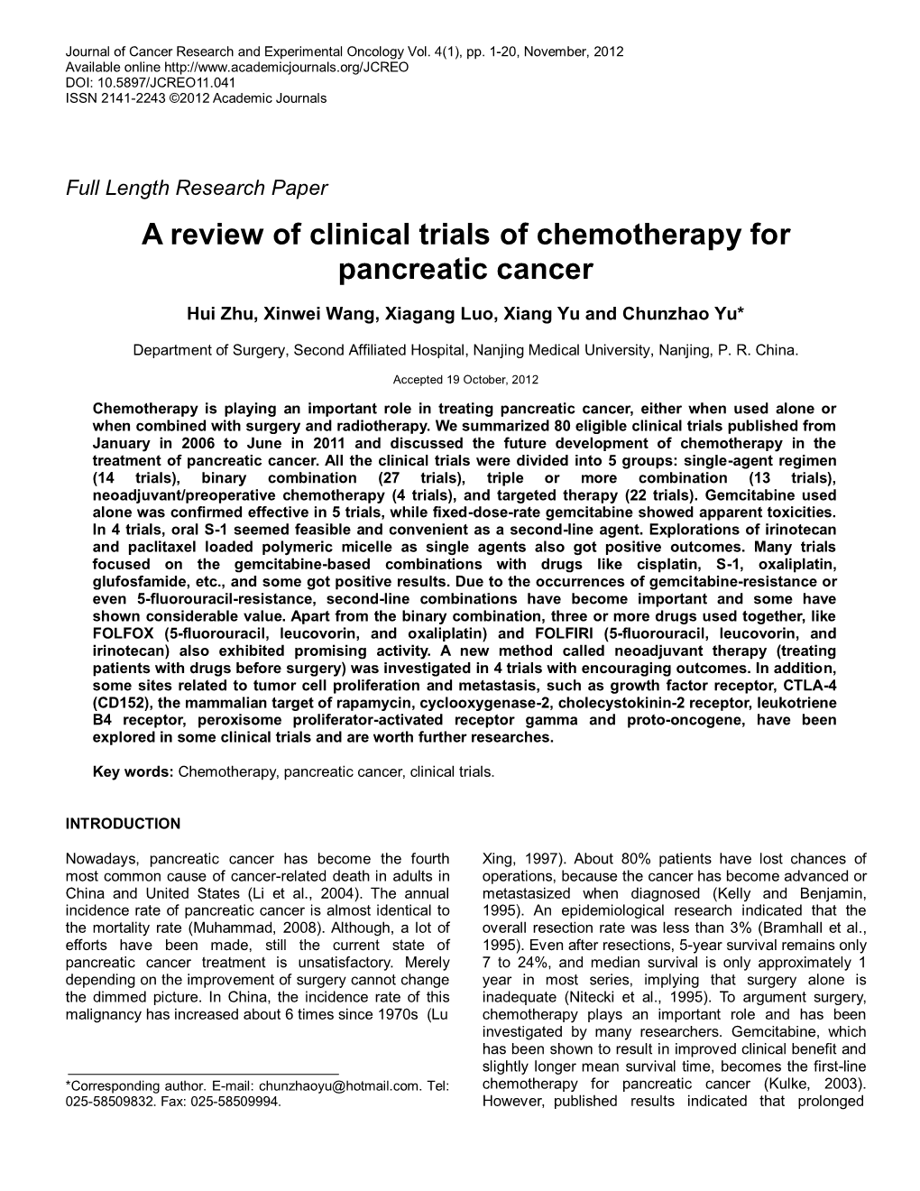 A Review of Clinical Trials of Chemotherapy for Pancreatic Cancer