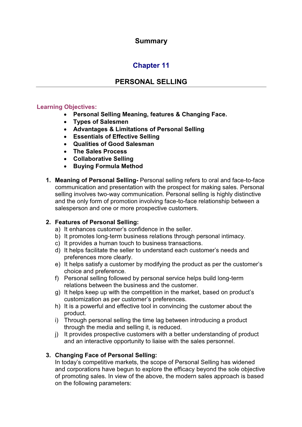 Summary Chapter 11 PERSONAL SELLING