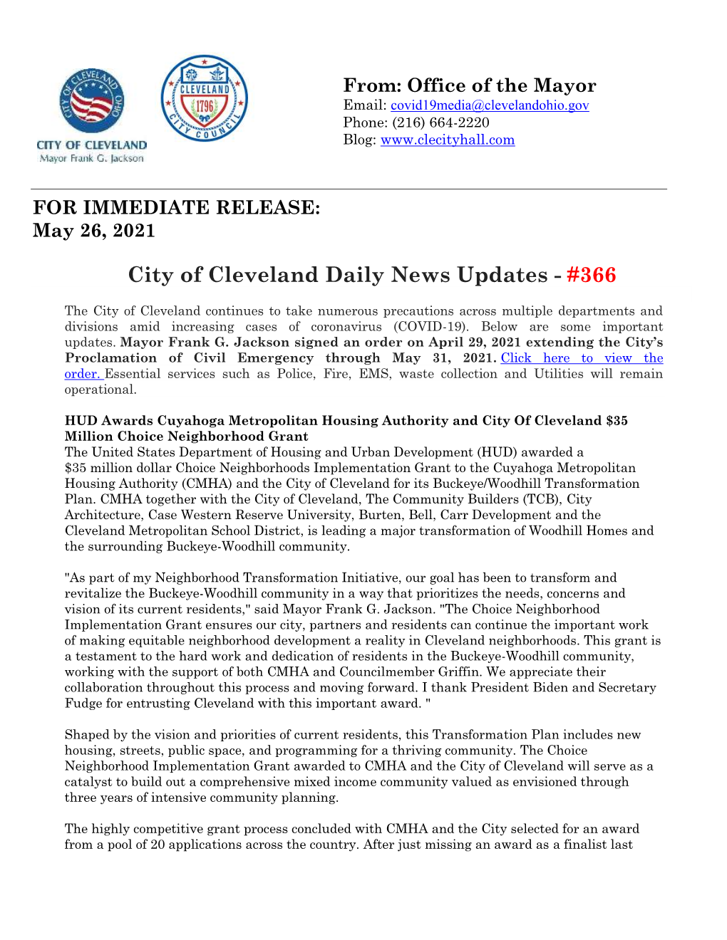 City of Cleveland Daily News Updates - #366