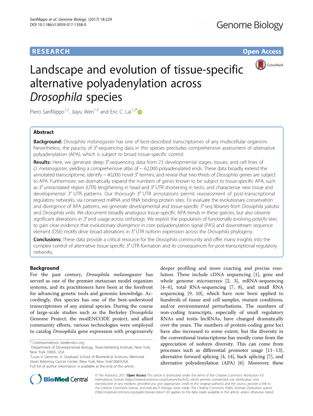 Landscape and Evolution of Tissue-Specific Alternative Polyadenylation Across Drosophila Species Piero Sanfilippo1,2, Jiayu Wen1,3 and Eric C