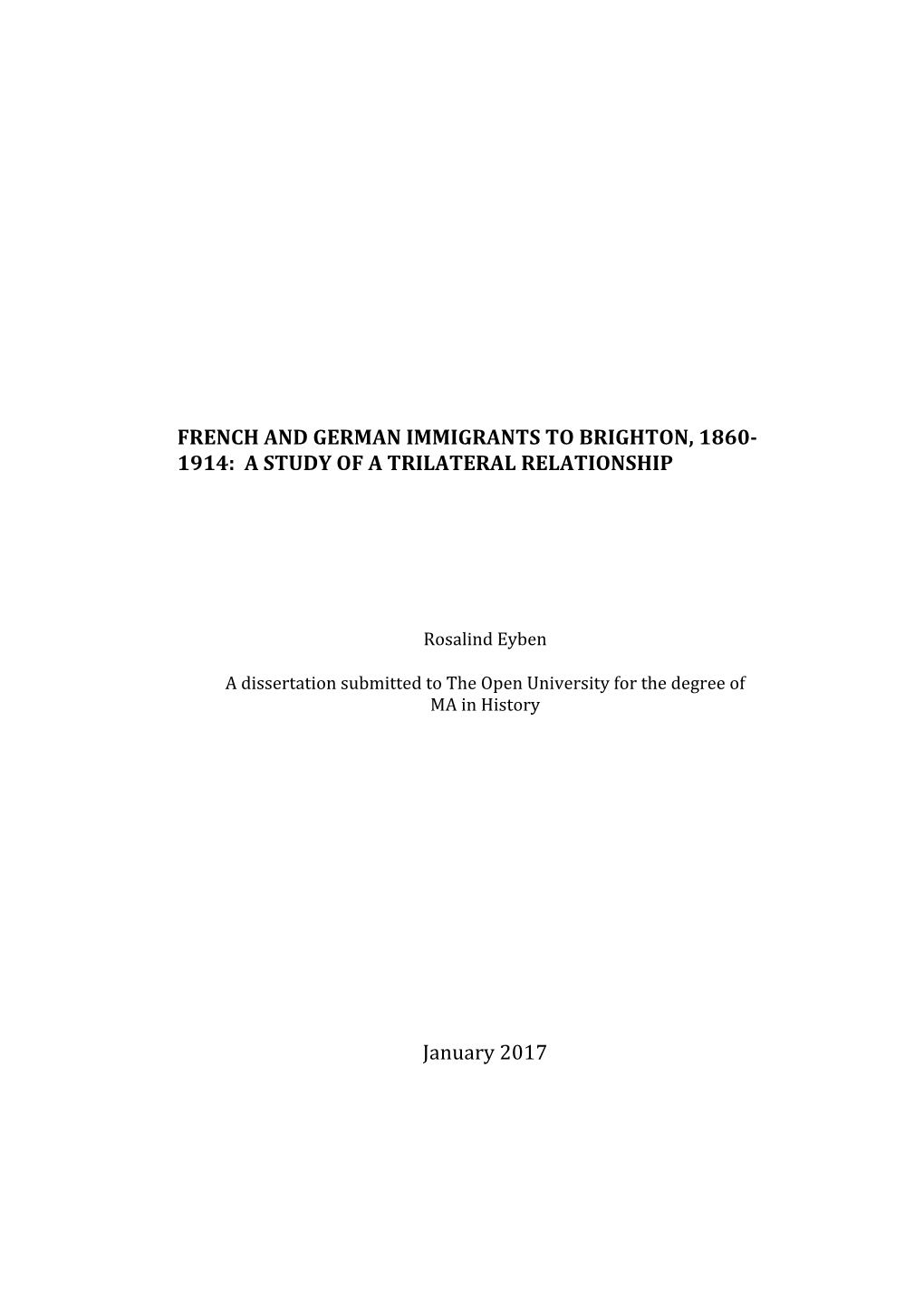 French and German Immigrants to Brighton, 1860- 1914: a Study of a Trilateral Relationship