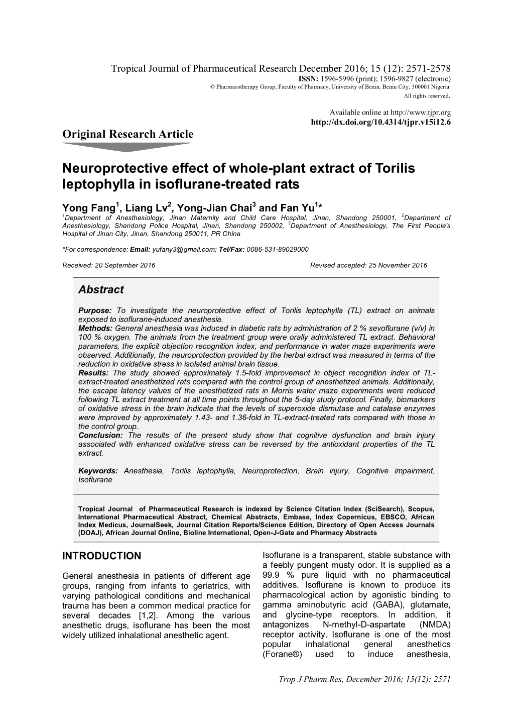 Neuroprotective Effect of Whole-Plant Extract of Torilis Leptophylla in Isoflurane-Treated Rats