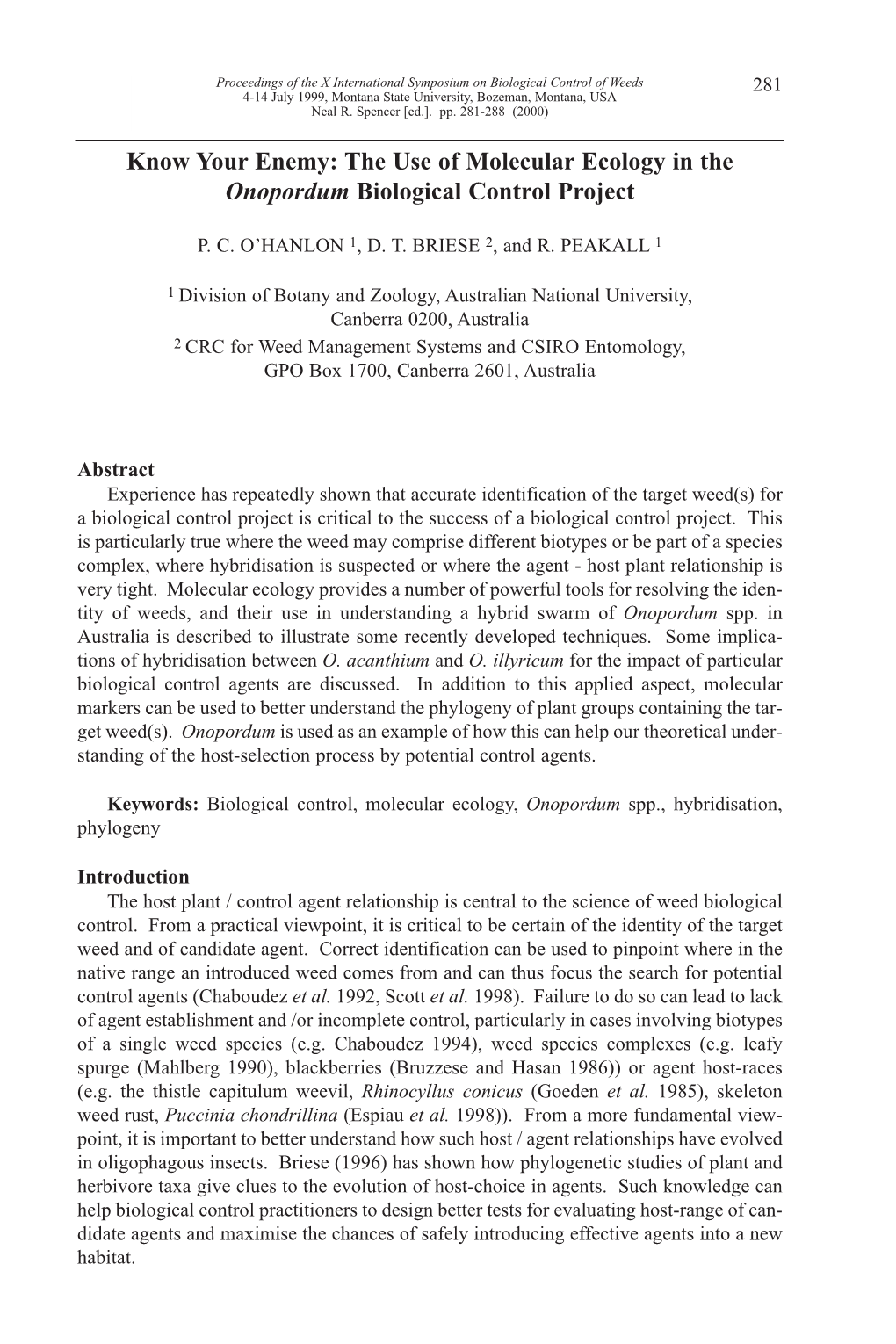 The Use of Molecular Ecology in the Onopordum Biological Control Project