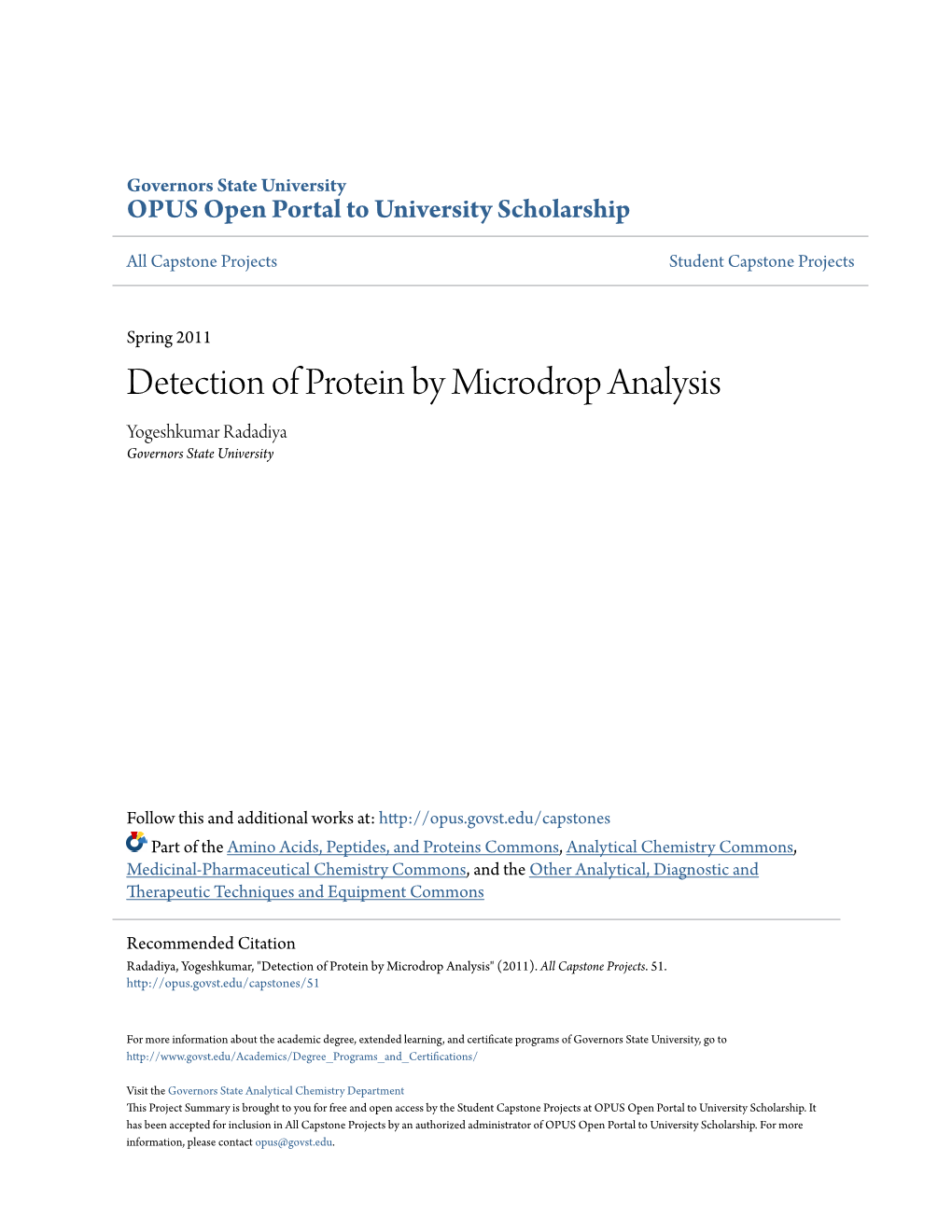 Detection of Protein by Microdrop Analysis Yogeshkumar Radadiya Governors State University