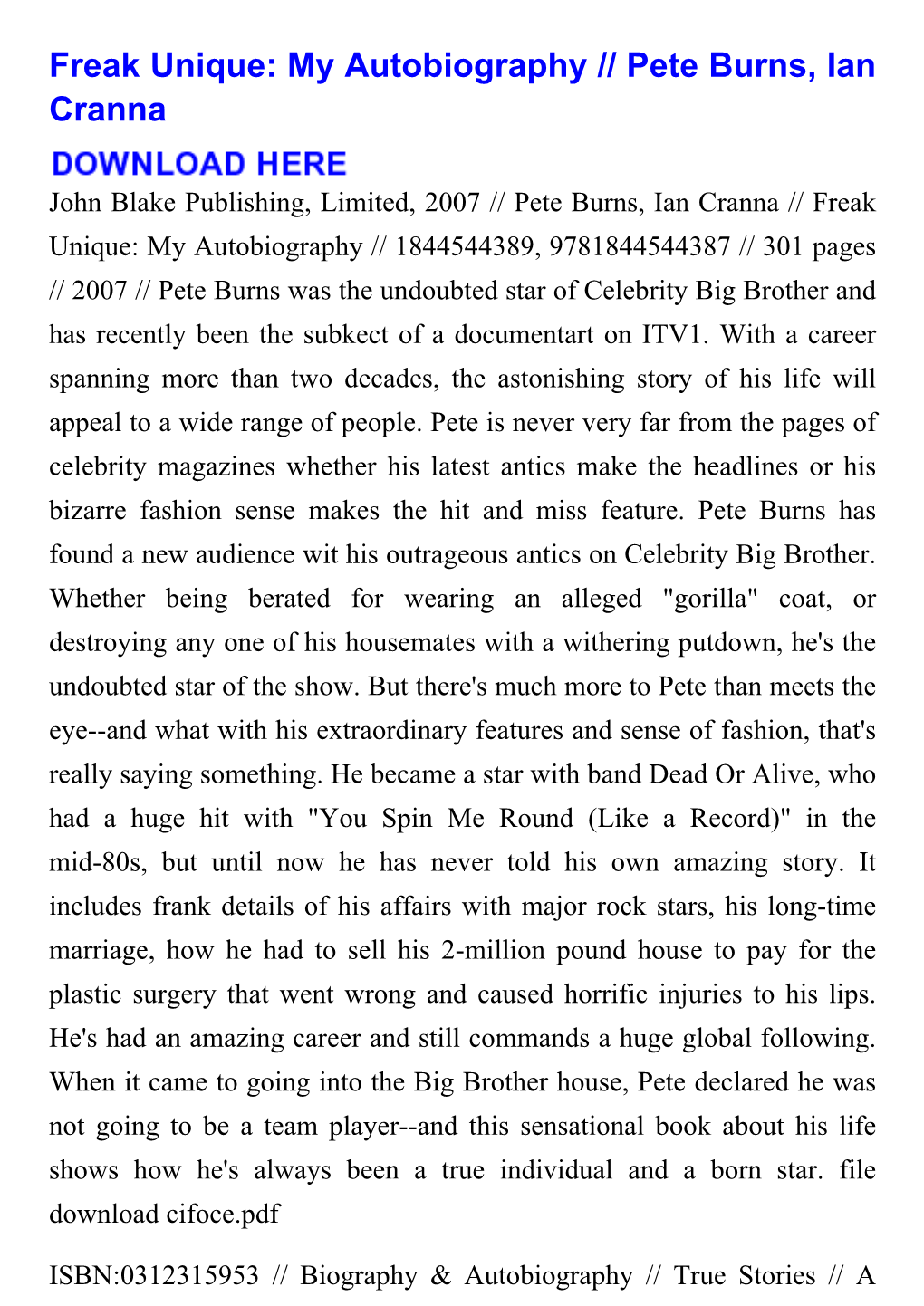 Freak Unique: My Autobiography // Pete Burns, Ian Cranna