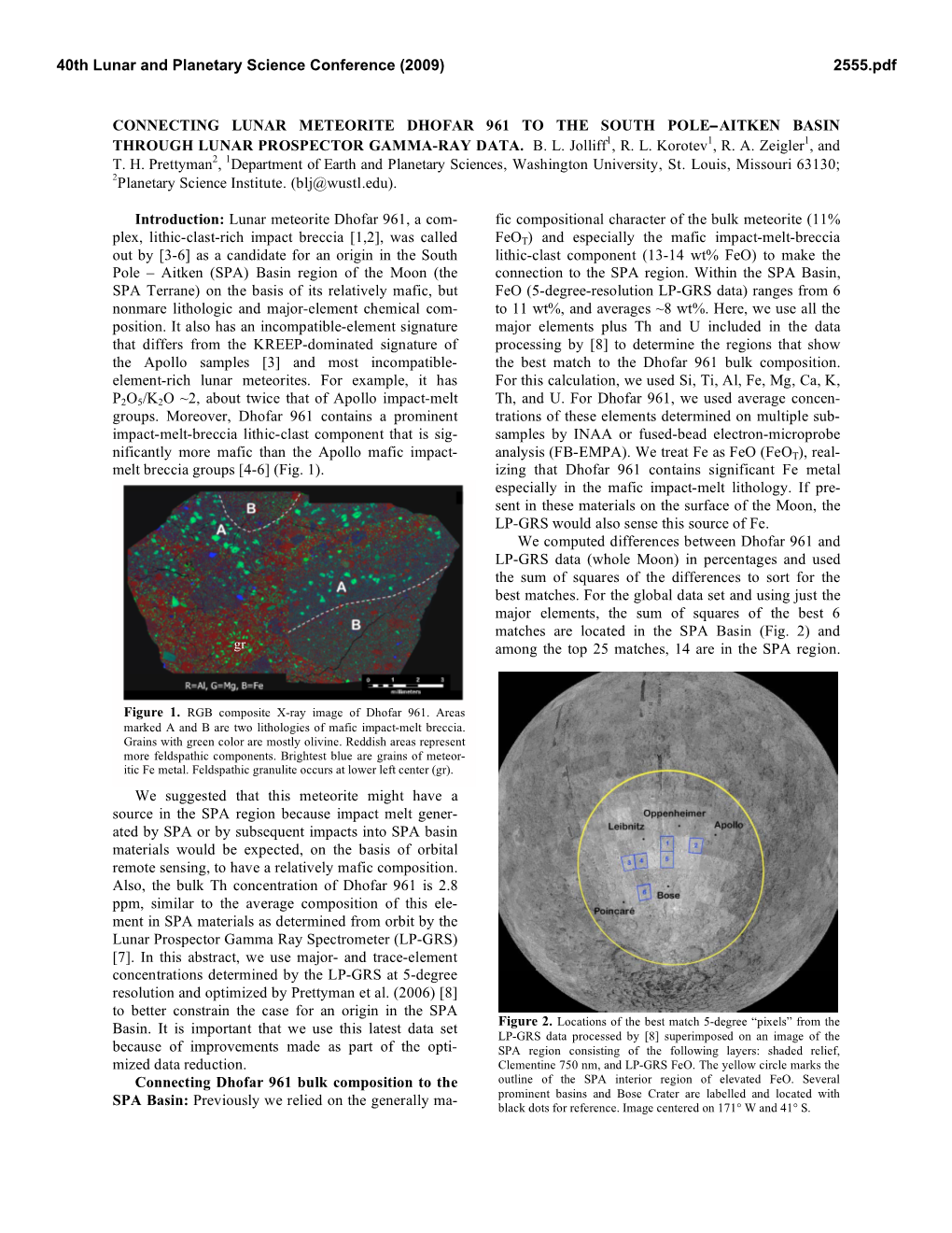 Connecting Lunar Meteorite Dhofar 961 to the South PoleAitken Basin Through Lunar Prospector Gamma-Ray Data