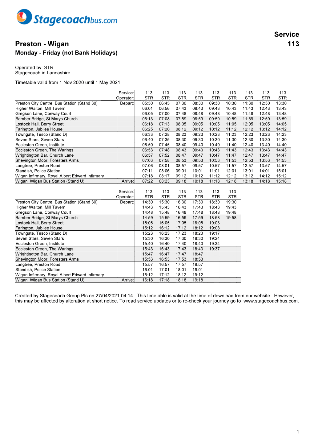 Service Preston - Wigan 113 Monday - Friday (Not Bank Holidays)