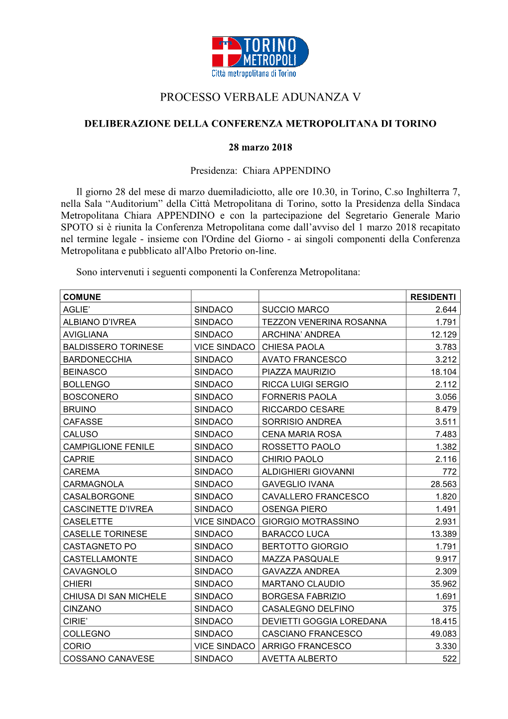 Processo Verbale Adunanza V