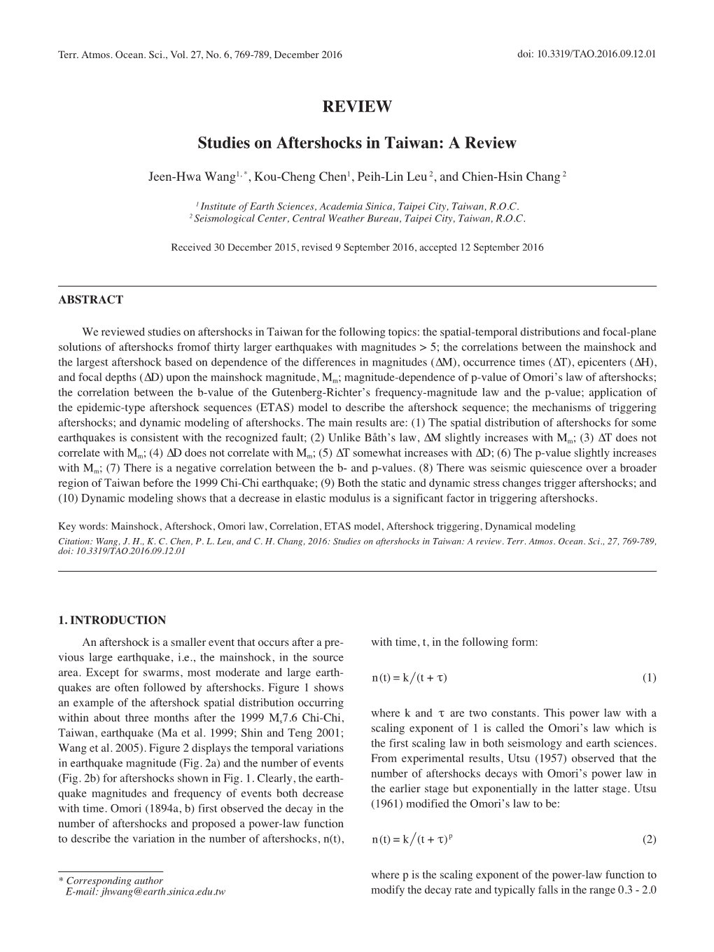 REVIEW Studies on Aftershocks in Taiwan