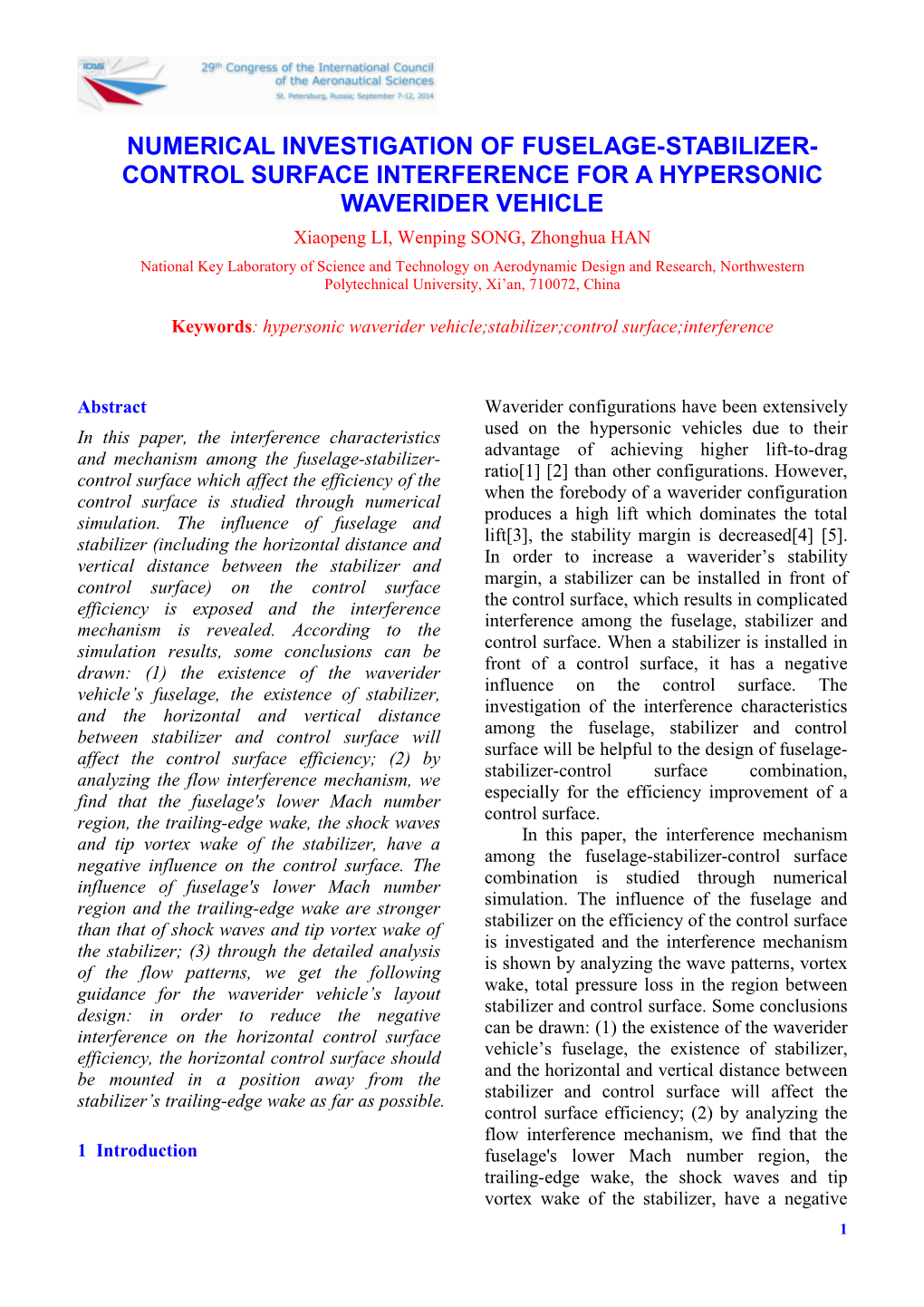 Numerical Investigation of Fuselage-Stabilizer-Control Surface Interference for a Hypersonic Waverider Vehicle