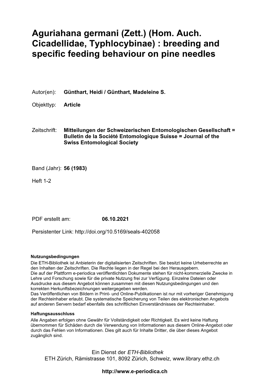 Aguriahana Germani (Zett.) (Hom. Auch. Cicadellidae, Typhlocybinae) : Breeding and Specific Feeding Behaviour on Pine Needles