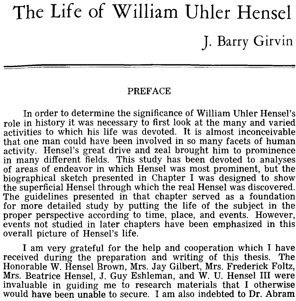 The Life of William Uhler Hensel J. Barry Girvin