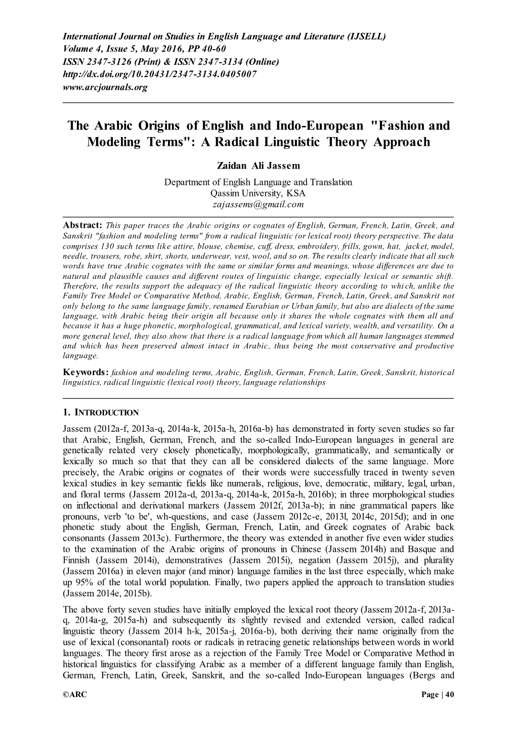 The Arabic Origins of English and Indo-European "Textile and Fashion Terms": a Radical Linguistic Theory Approach