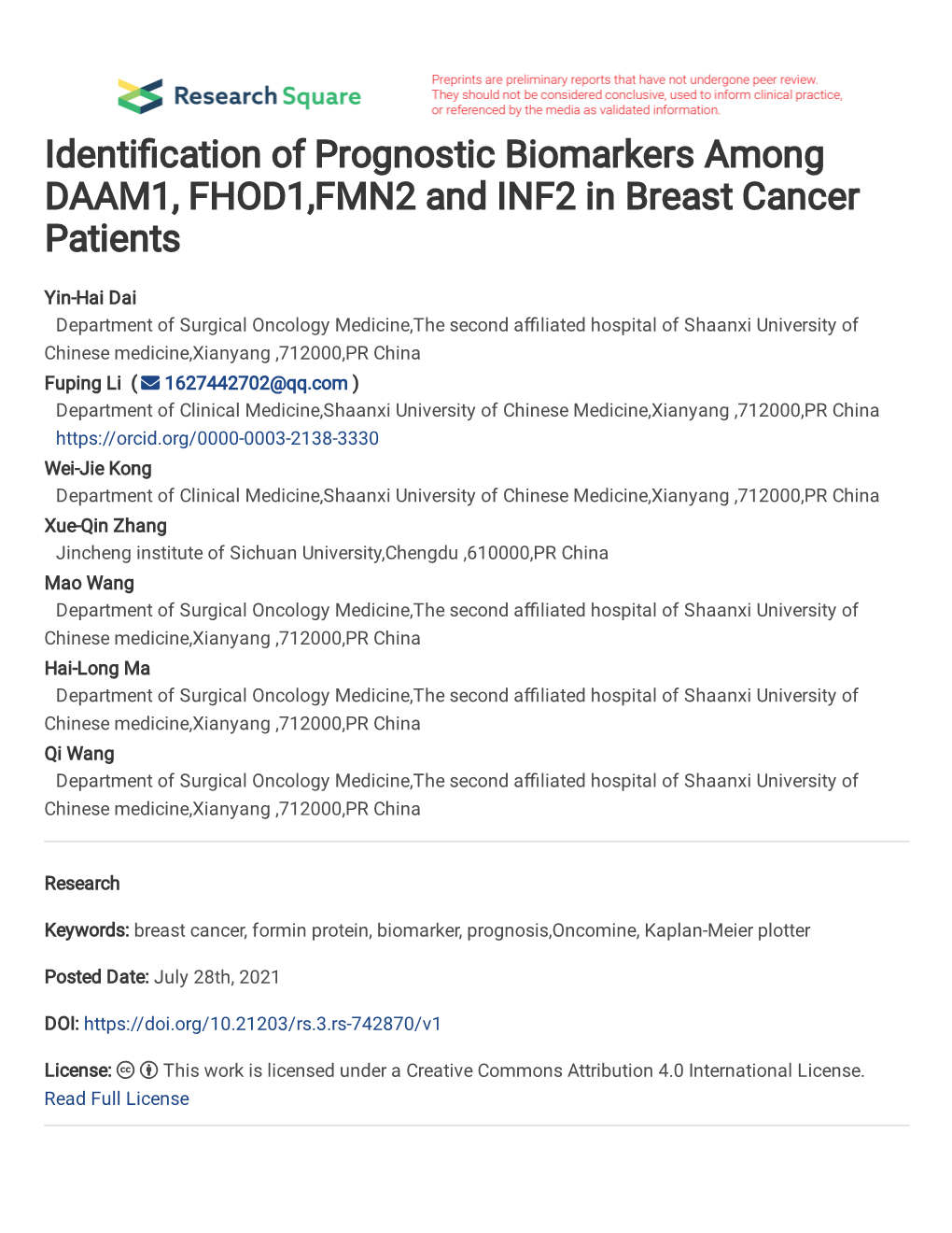 Identi Cation of Prognostic Biomarkers Among DAAM1, FHOD1,FMN2 And