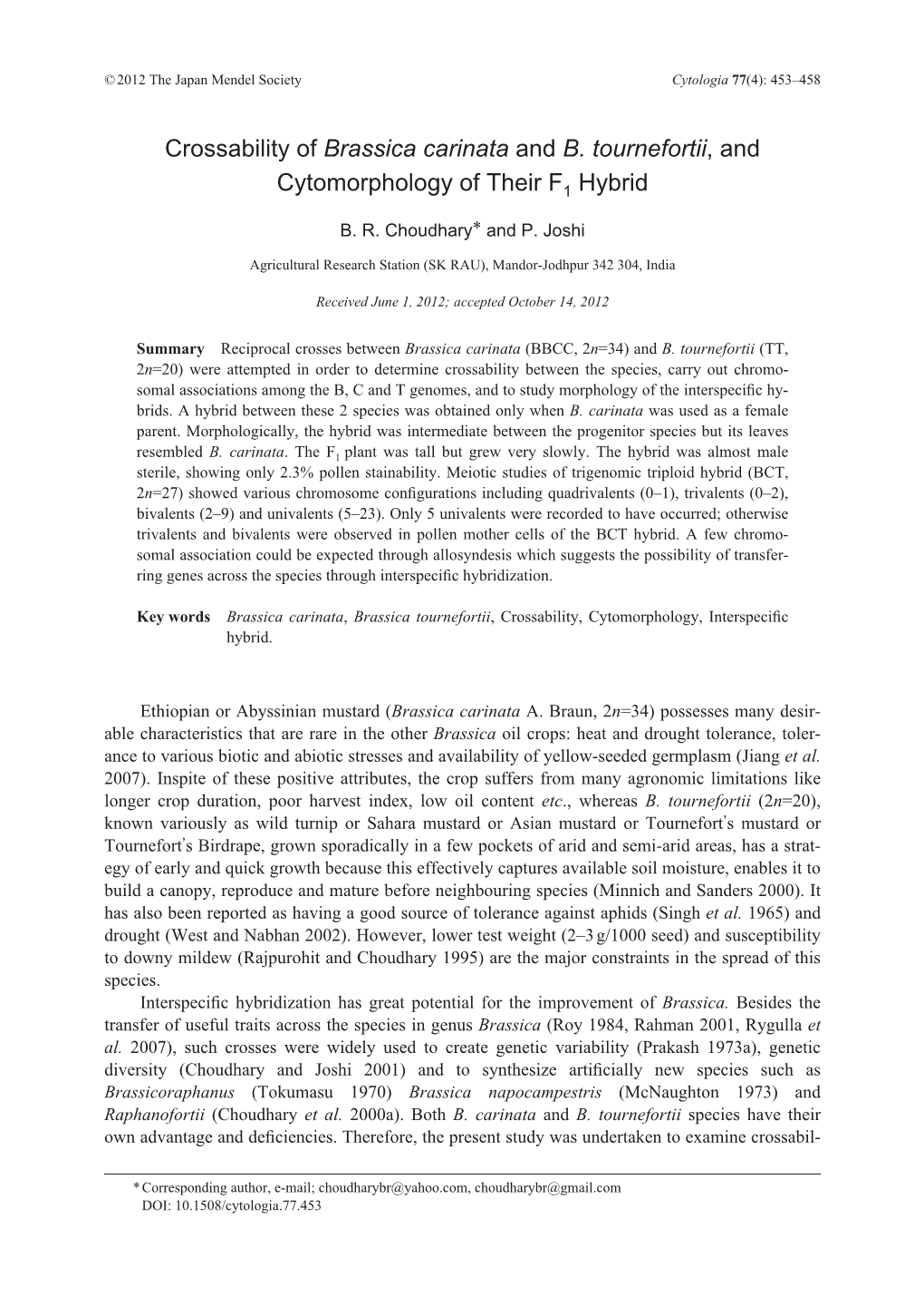 Crossability of Brassica Carinata and B. Tournefortii, and Cytomorphology