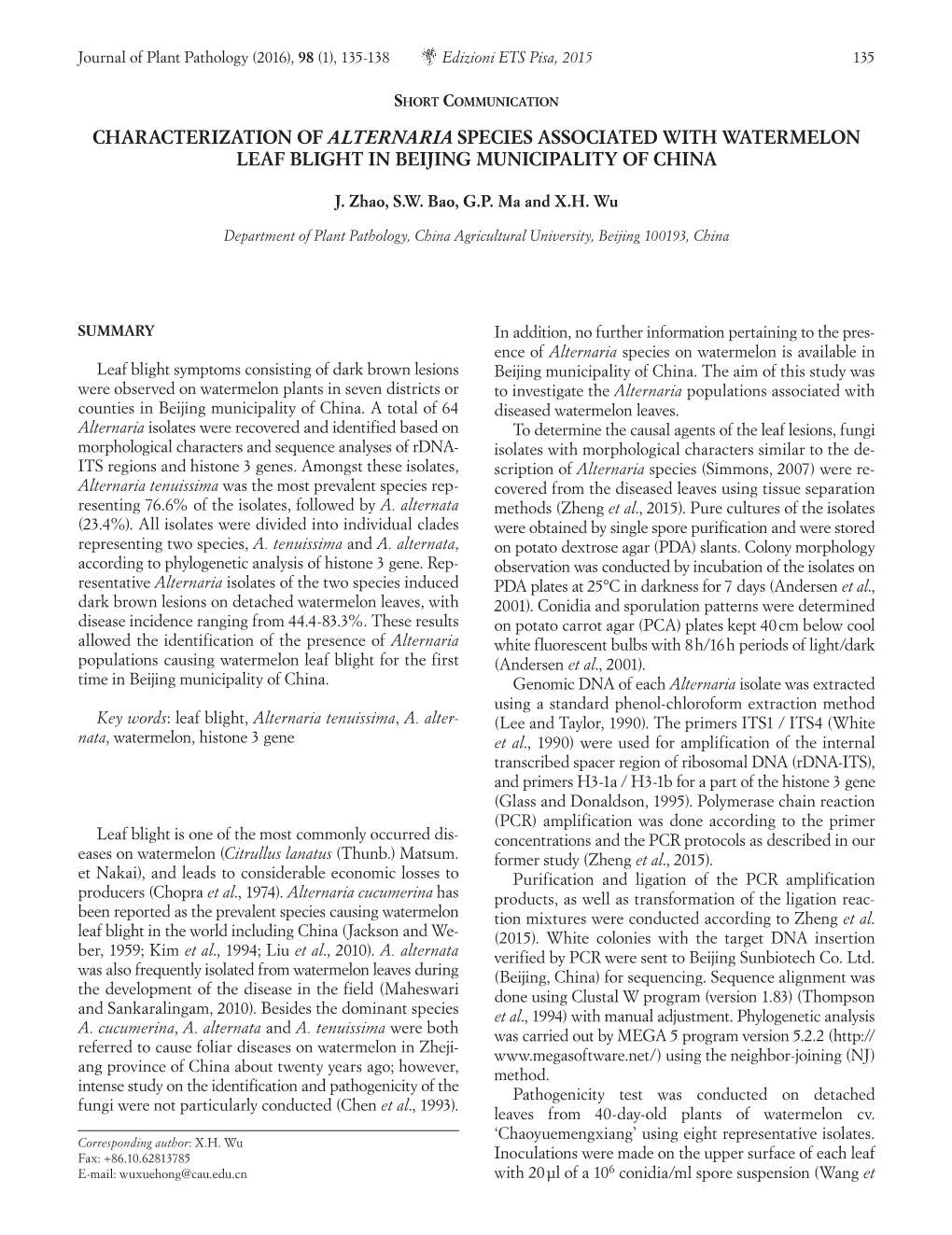 Characterization of Alternaria Species Associated with Watermelon Leaf Blight in Beijing Municipality of China