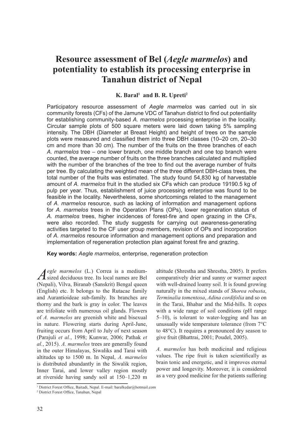 Resource Assessment of Bel (Aegle Marmelos) and Potentiality to Establish Its Processing Enterprise in Tanahun District of Nepal