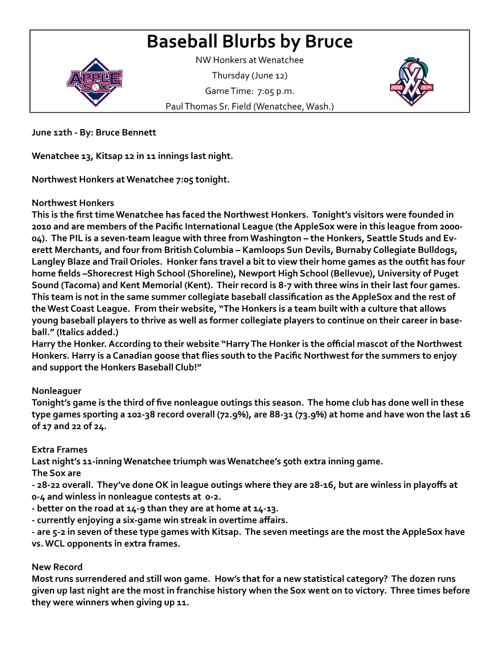 Baseball Blurbs by Bruce NW Honkers at Wenatchee Thursday (June 12) Game Time: 7:05 P.M